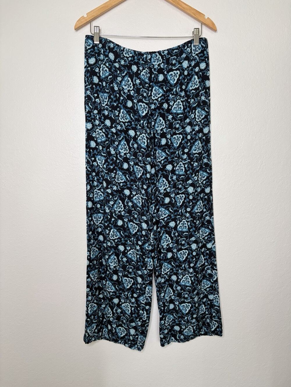 J. Jill Twill Navy Blue Paisley Rayon Wide Leg Pant Size Small Boho Chic Cottage